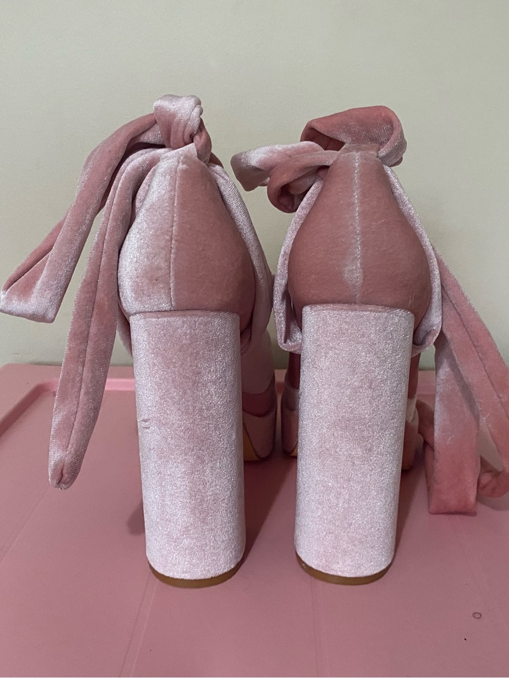 Velvet Pink Platform Block Heel Pumps with Ankle Tie - Picture 4 of 11